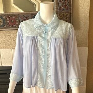 VTG HENSON KICKERNICK Peignoir Blue XL Button Nylon Lace Bed Jacket